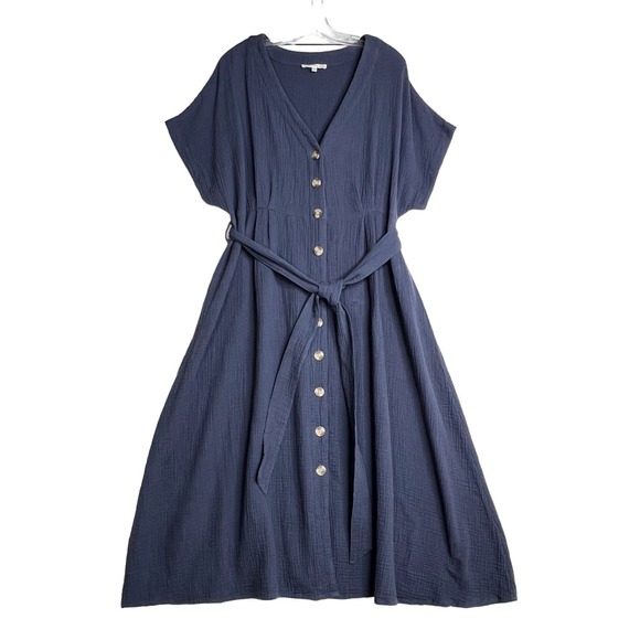 C&C California Dresses & Skirts - C&C California Grace Button Front Cotton Gauze Midi Dress Blue Womens Large
